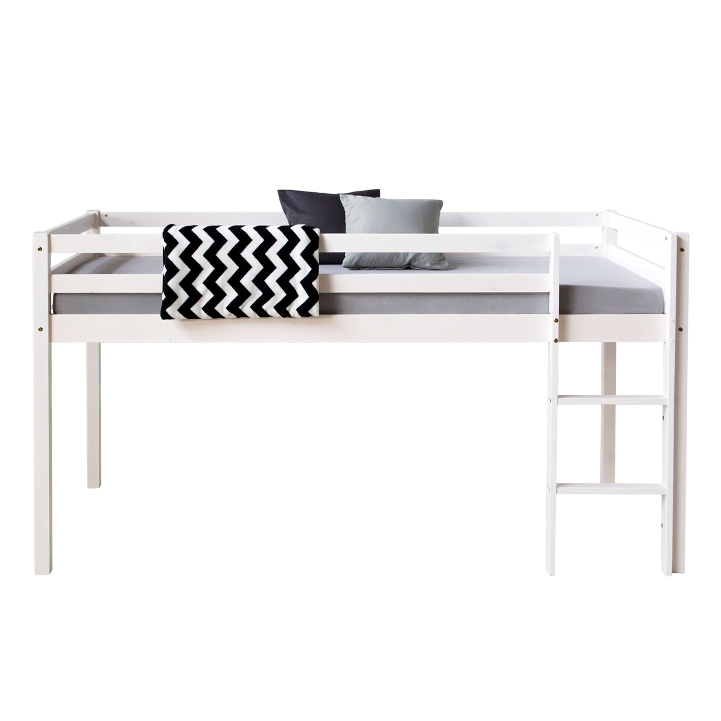 Hochbett mit Matratze Lattenrost 90x200 cm Kinderbett Weiss Massiv Stockbett