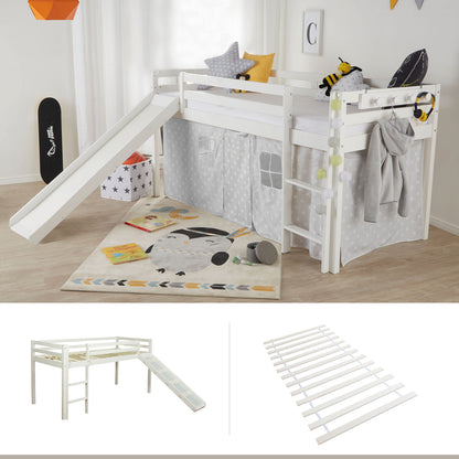 Hochbett Kinder 90x200 cm Weiss Basic | Rutsche | mit Lattenrost | ohne Vorhänge