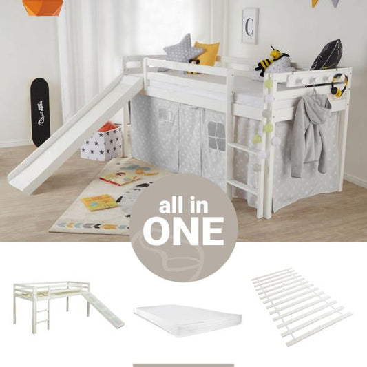 Lit mezzanine lit ludique lit enfant 90x200 cm sommier à lattes matelas échelle toboggan bois massif blanc