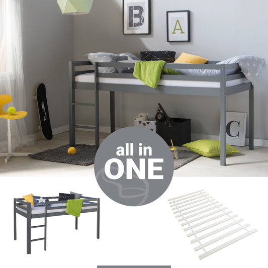 Hochbett Kinder 90x200 cm Grau Basic | mit Lattenrost