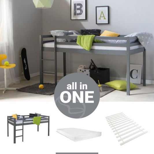 Lit mezzanine lit ludique lit enfant 90x200 cm sommier à lattes matelas échelle toboggan blanc gris bois massif