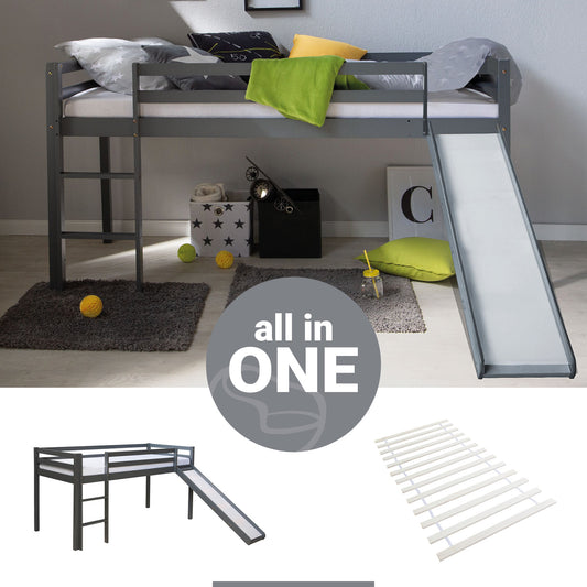 Hochbett Kinder 90x200 cm Grau Basic | Rutsche | mit Lattenrost