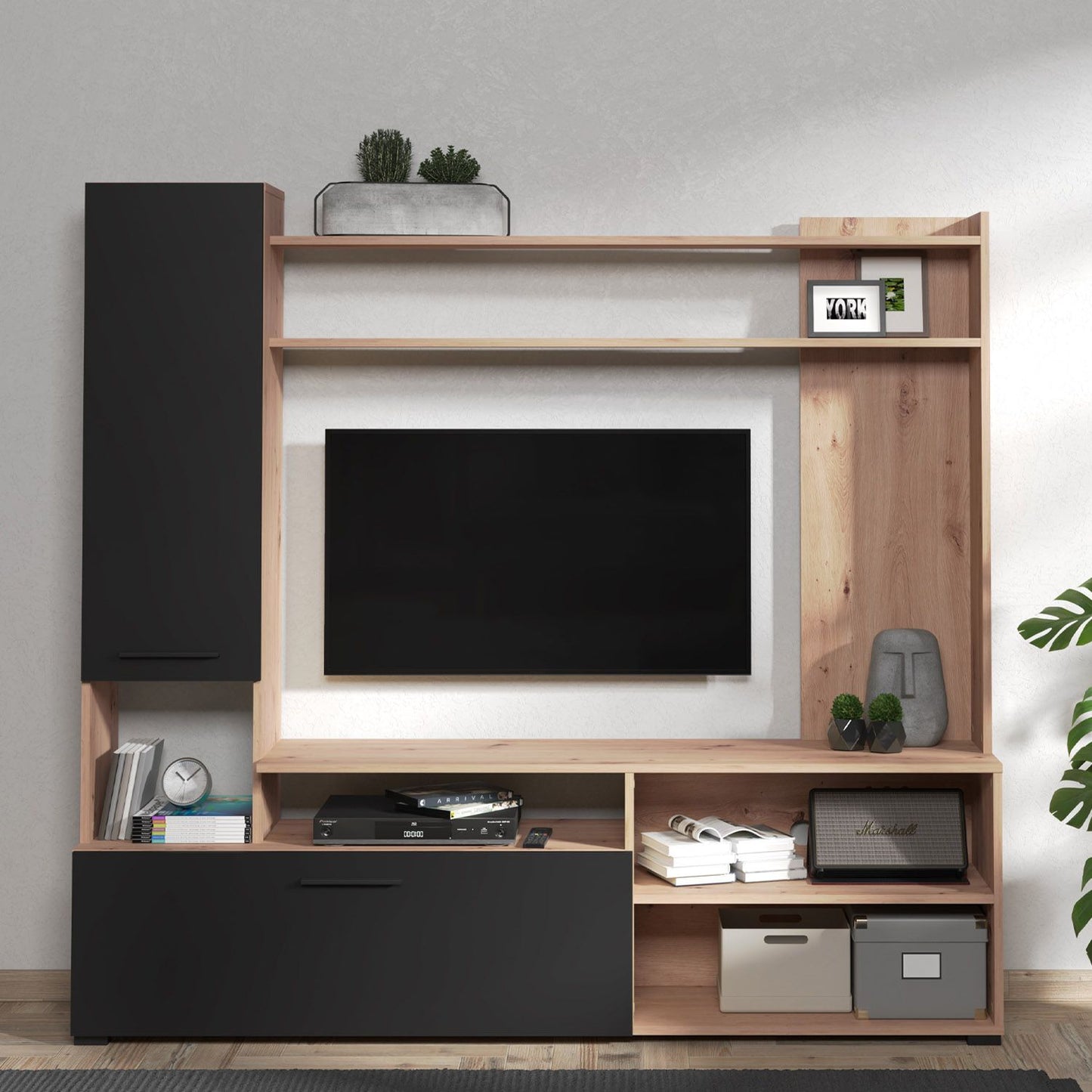 Wohnwand TV Schrank Anbauwand Schwarz Holz Eiche Fernsehschrank