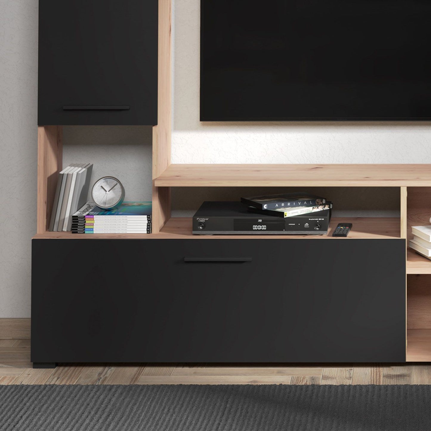 Wohnwand TV Schrank Anbauwand Schwarz Holz Eiche Fernsehschrank