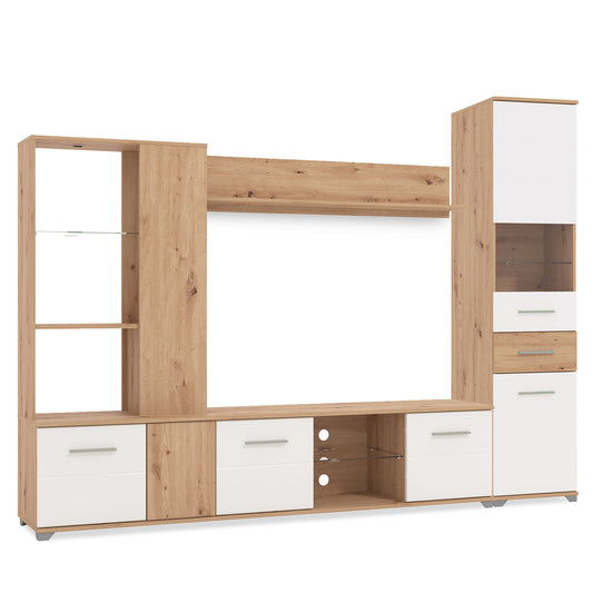 Wohnwand Schrankwand 2 tlg. Modern Eiche Holz Weiss Hochglanz