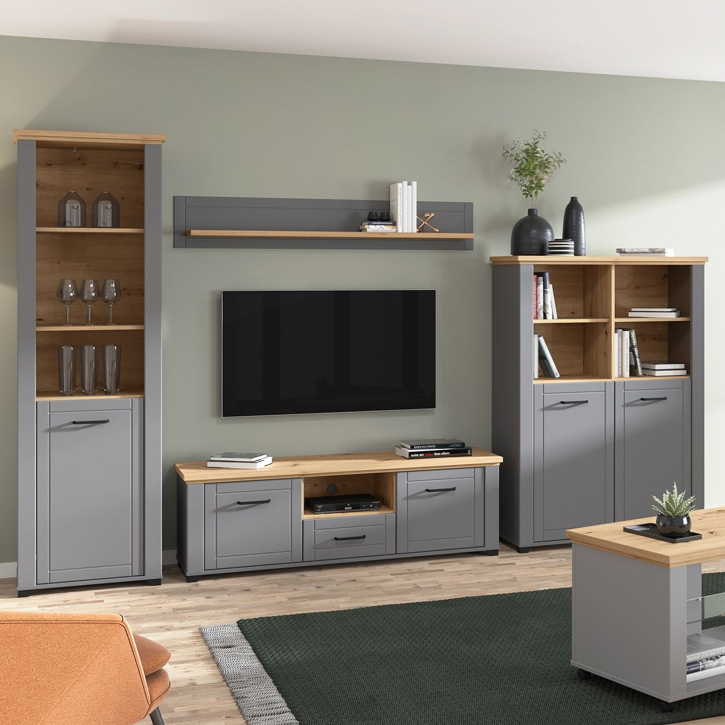 Wohnwand Schrankwand Anbauwand Wohnzimmer-Set 4 tlg. Modern Grau Eiche Holz