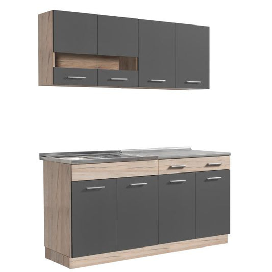 Küchenzeile ohne Geräte Einbauküche Singleküche Küchenschränke 160 cm Eiche Grau