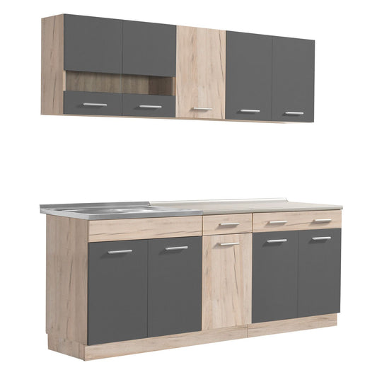 Küchenzeile ohne Geräte Einbauküche Singleküche Küchenschränke 200 cm Eiche Grau