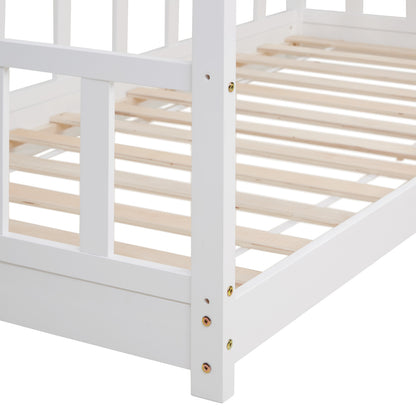 Kinderbett 90x200 cm Weiss | Hausbett mit Rausfallschutz | Montessori | Einzelbett | mit Lattenrost | Holz