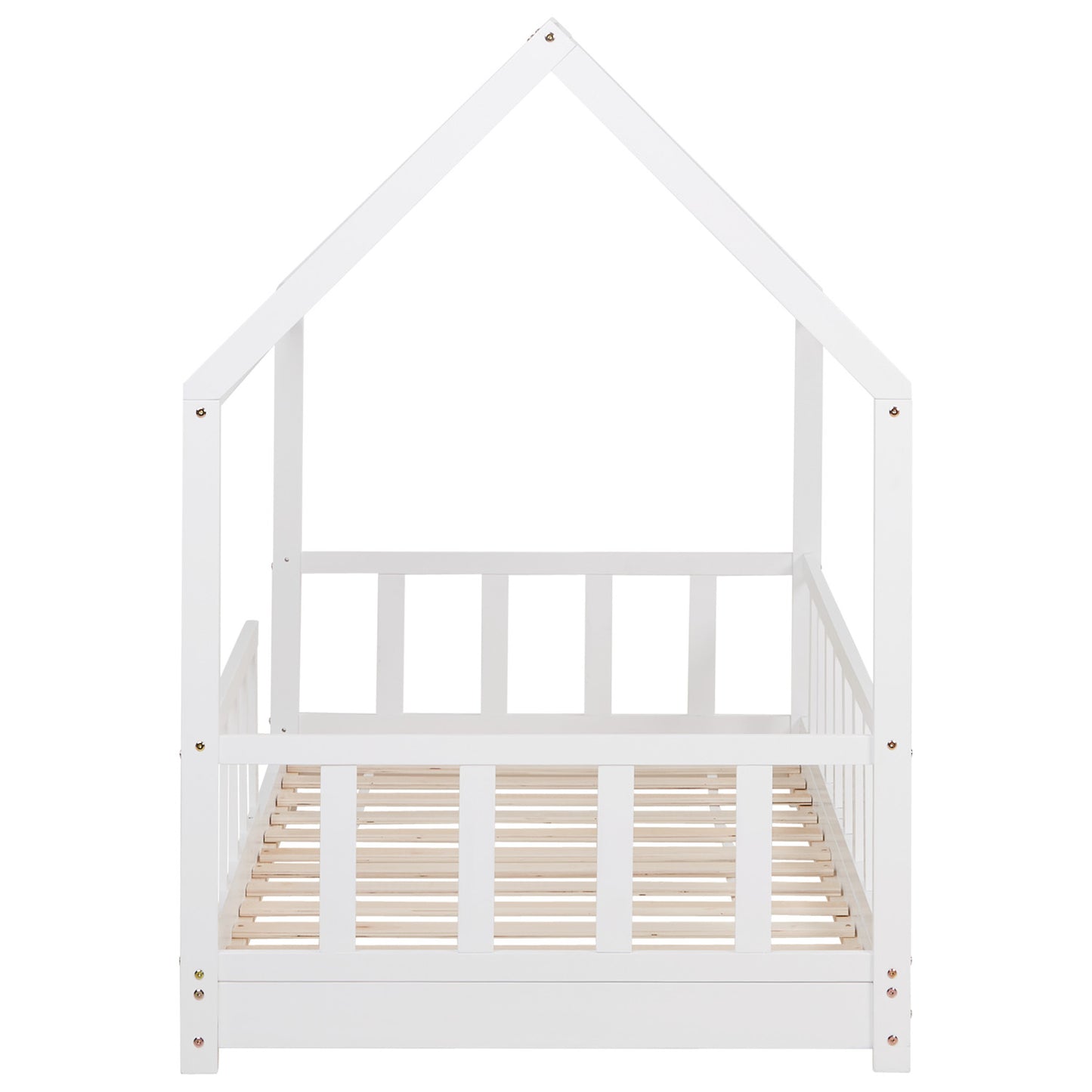 Kinderbett 90x200 cm Weiss | Hausbett mit Rausfallschutz | Montessori | Einzelbett | mit Lattenrost | Holz