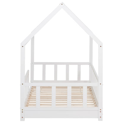 Kinderbett 90x200 cm Weiss | Hausbett mit Rausfallschutz | Montessori | Einzelbett | mit Lattenrost | Holz