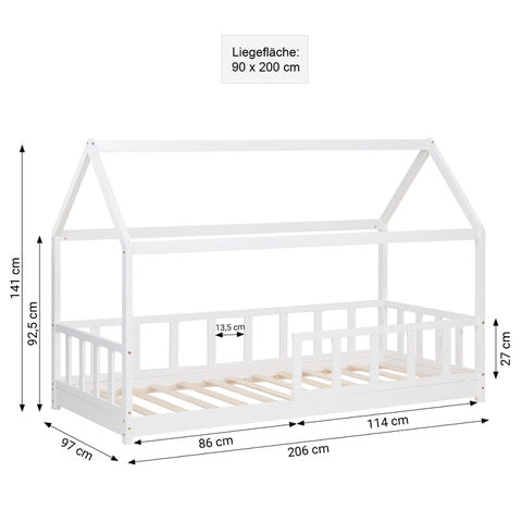 Kinderbett 90x200 cm Weiss | Hausbett mit Rausfallschutz | Montessori | Einzelbett | mit Lattenrost | Holz