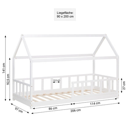 Kinderbett 90x200 cm Weiss | Hausbett mit Rausfallschutz | Montessori | Einzelbett | mit Lattenrost | Holz