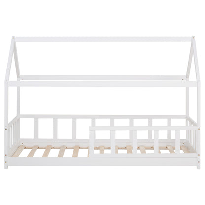 Kinderbett 90x200 cm Weiss | Hausbett mit Rausfallschutz | Montessori | Einzelbett | mit Lattenrost | Holz