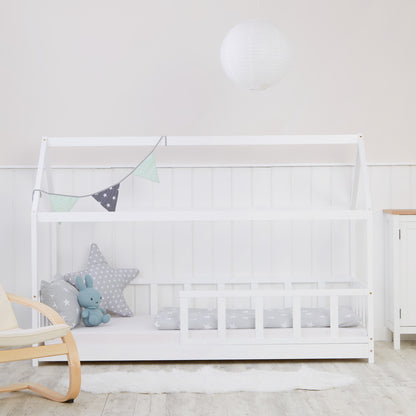 Kinderbett 90x200 cm Weiss | Hausbett mit Rausfallschutz | Montessori | Einzelbett | mit Lattenrost | Holz
