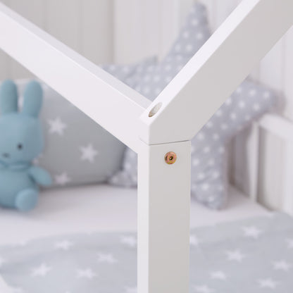 Kinderbett 90x200 cm Weiss | Hausbett mit Rausfallschutz | Montessori | Einzelbett | mit Lattenrost | Holz