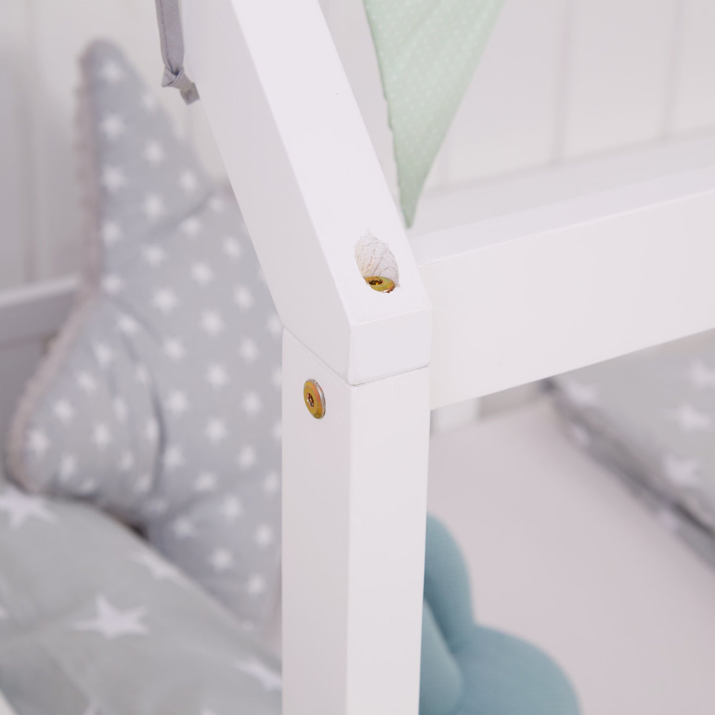 Kinderbett 90x200 cm Weiss | Hausbett mit Rausfallschutz | Montessori | Einzelbett | mit Lattenrost | Holz