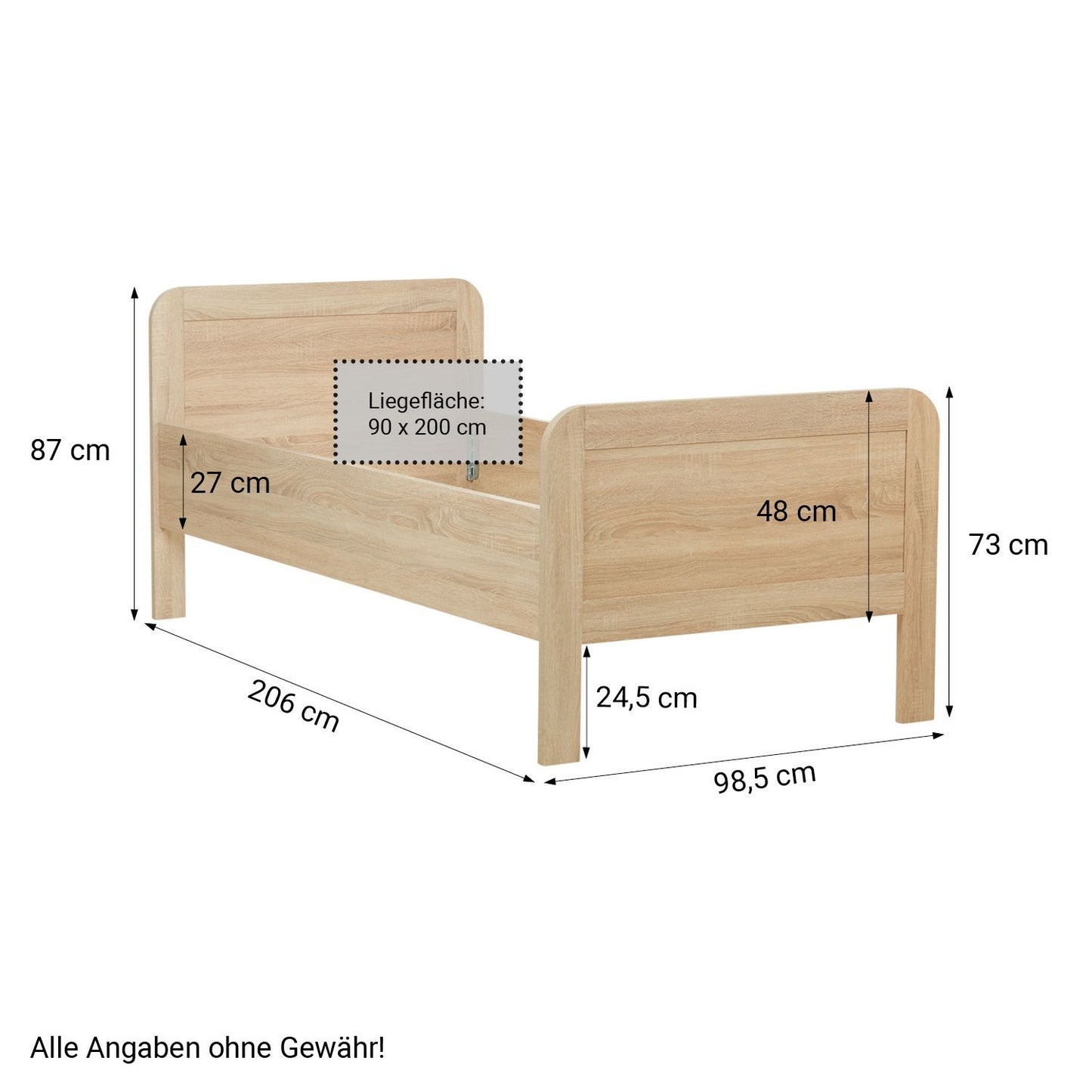 Holzbett 90x200 cm Höhenverstellbar Natur Eiche