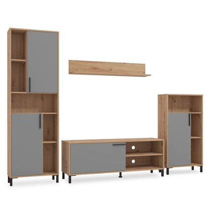 Wohnwand Schrankwand Holz Eiche Grau Anbauwand 4 tlg. Modern Entertainment Center