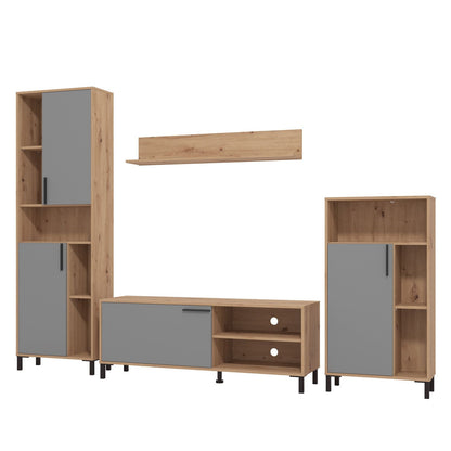 Wohnwand Schrankwand Holz Eiche Grau Anbauwand 4 tlg. Modern Entertainment Center