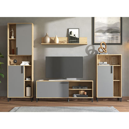 Wohnwand Schrankwand Holz Eiche Grau Anbauwand 4 tlg. Modern Entertainment Center