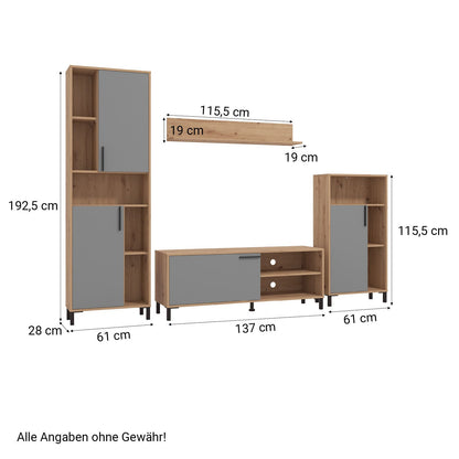 Wohnwand Schrankwand Holz Eiche Grau Anbauwand 4 tlg. Modern Entertainment Center