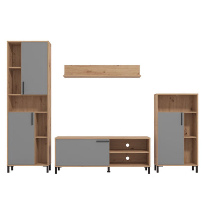 Wohnwand Schrankwand Holz Eiche Grau Anbauwand 4 tlg. Modern Entertainment Center