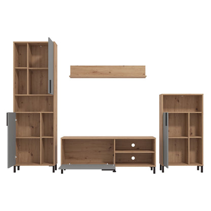 Wohnwand Schrankwand Holz Eiche Grau Anbauwand 4 tlg. Modern Entertainment Center