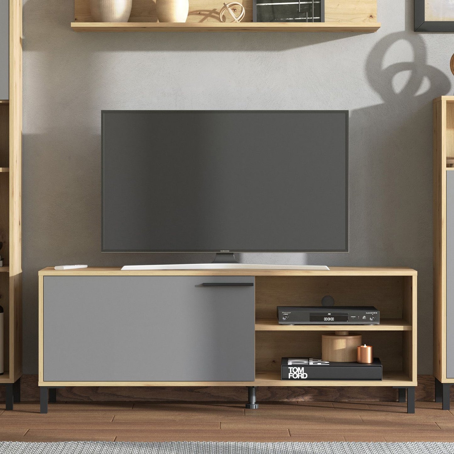 Wohnwand Schrankwand Holz Eiche Grau Anbauwand 4 tlg. Modern Entertainment Center