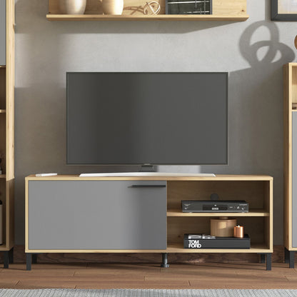 Wohnwand Schrankwand Holz Eiche Grau Anbauwand 4 tlg. Modern Entertainment Center