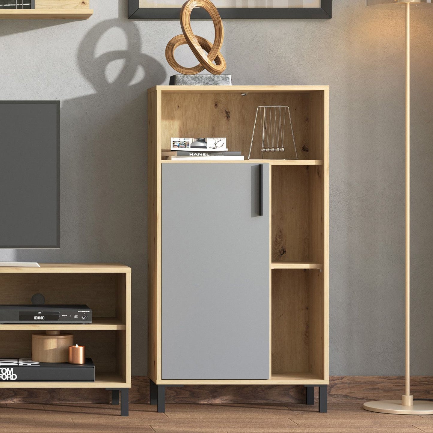 Wohnwand Schrankwand Holz Eiche Grau Anbauwand 4 tlg. Modern Entertainment Center