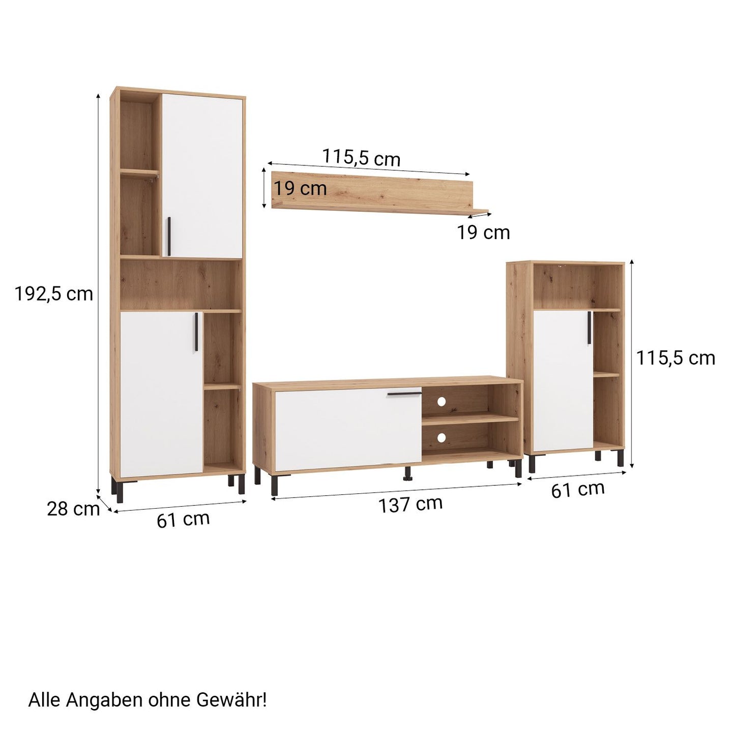 Wohnwand Holz Eiche Weiss Anbauwand 4 tlg. Modern Entertainment Center