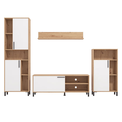 Wohnwand Holz Eiche Weiss Anbauwand 4 tlg. Modern Entertainment Center