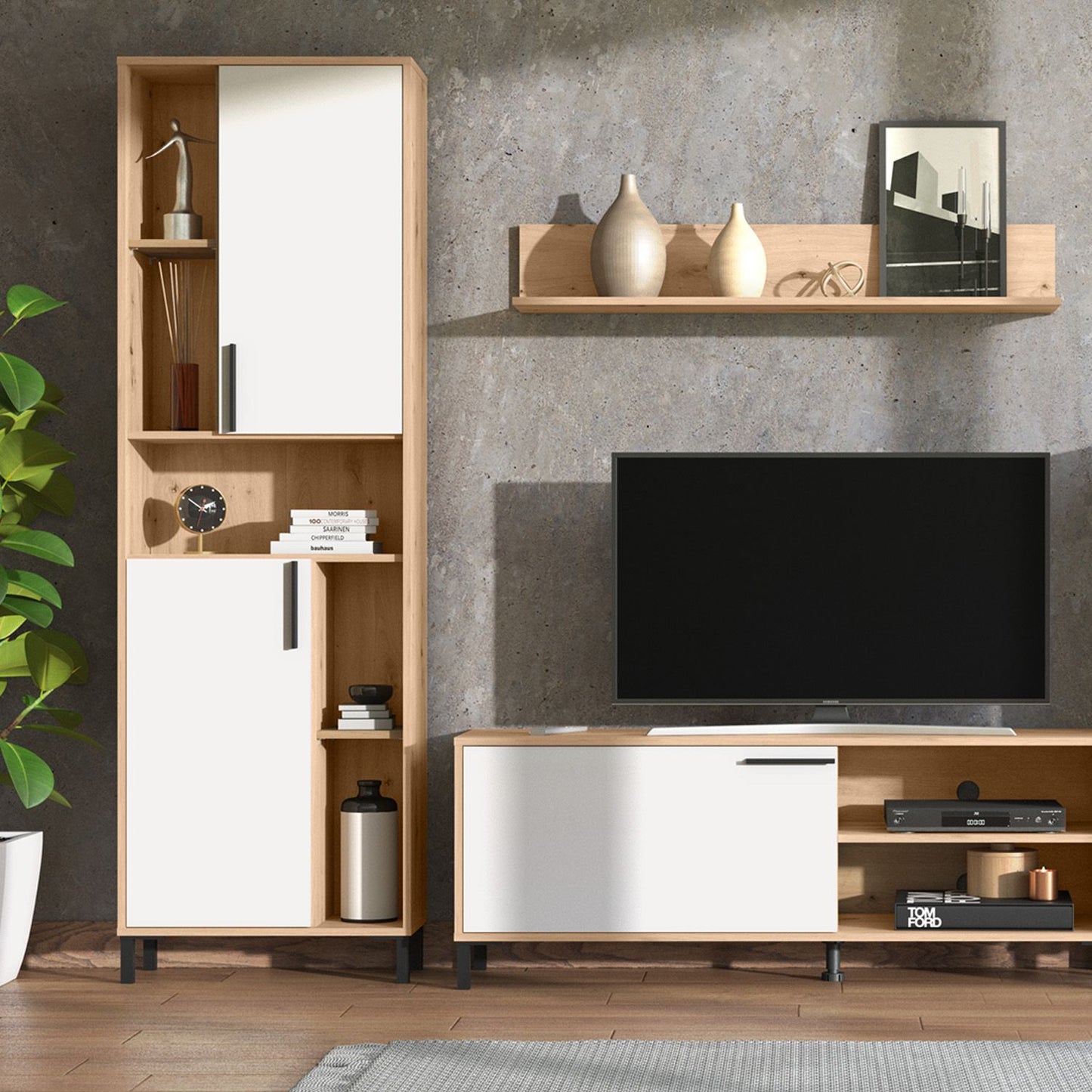 Wohnwand Holz Eiche Weiss Anbauwand 4 tlg. Modern Entertainment Center