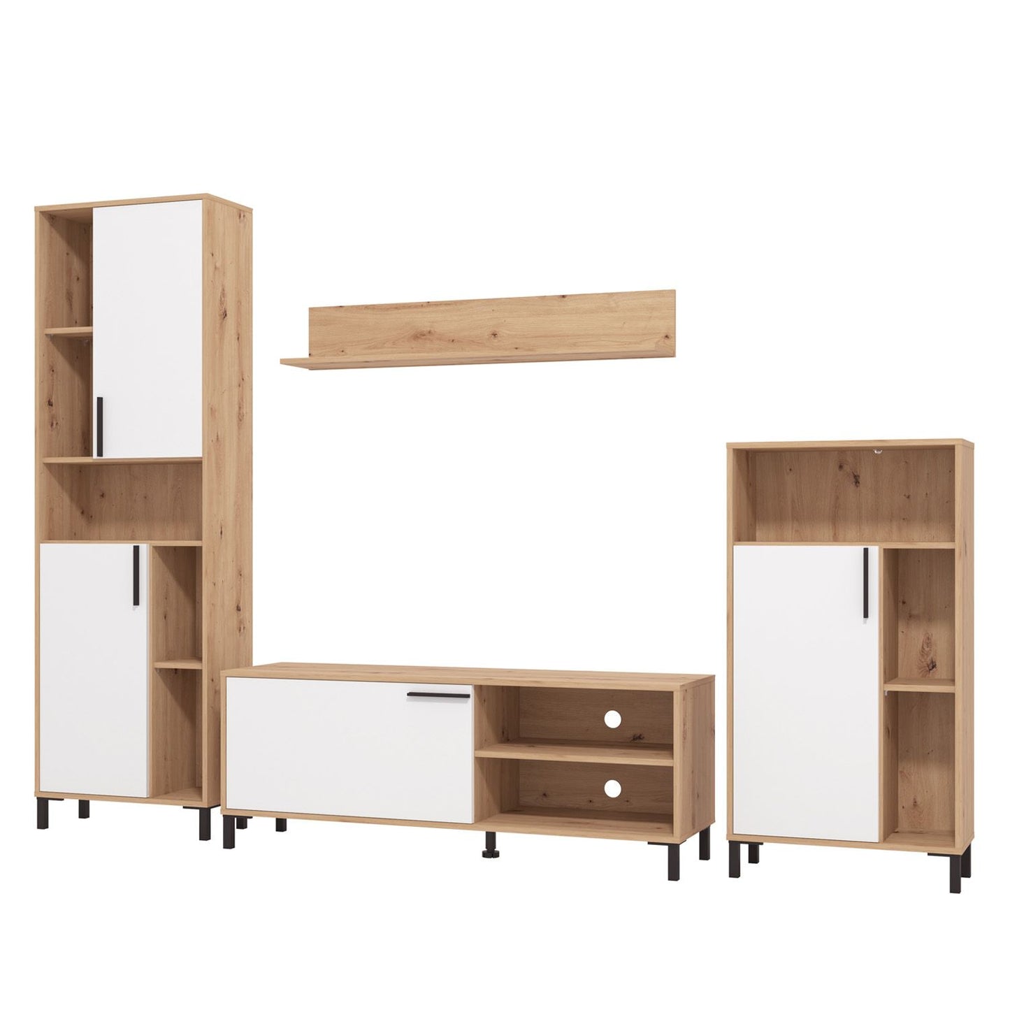 Wohnwand Holz Eiche Weiss Anbauwand 4 tlg. Modern Entertainment Center