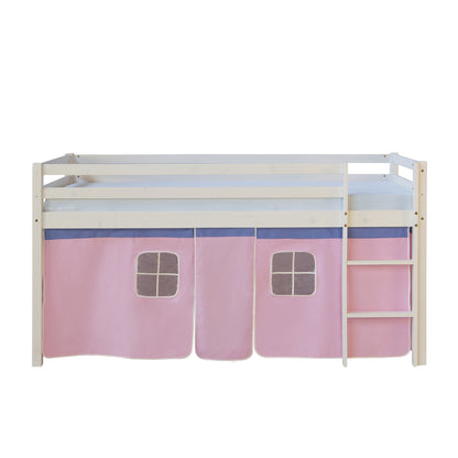 Hochbett Kinder 90x200 cm Weiss mit Vorhang in Rosa | mit Lattenrost