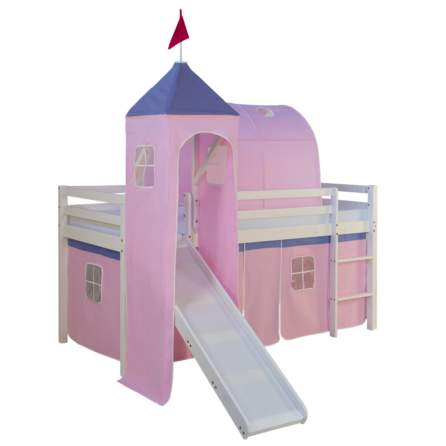 Hochbett Kinder 90x200 cm Weiss mit Vorhang in Rosa | Tunnel | Turm | Rutsche | mit Lattenrost