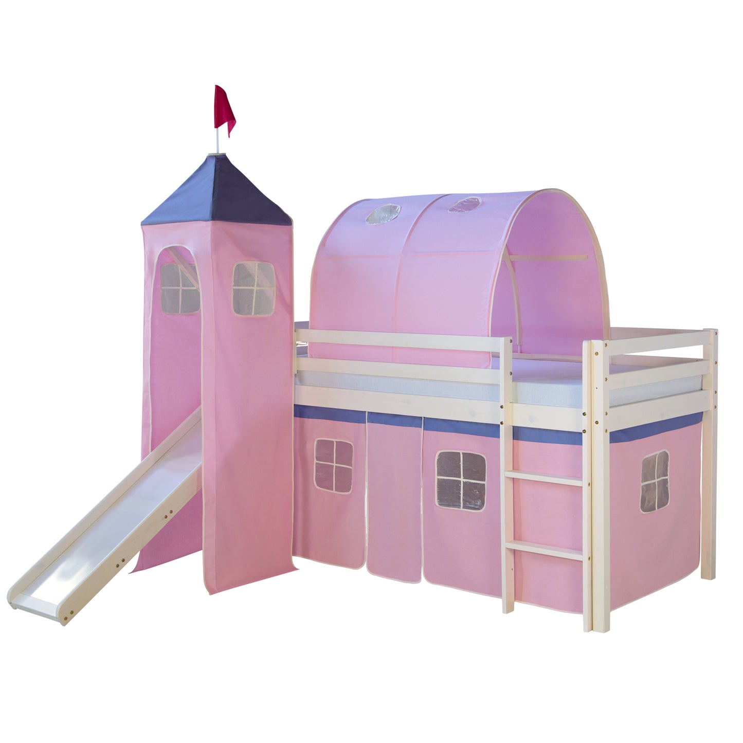 Hochbett Kinder 90x200 cm Weiss mit Vorhang in Rosa | Tunnel | Turm | Rutsche | mit Lattenrost
