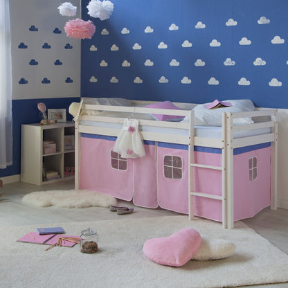 Hochbett Kinder 90x200 cm Weiss mit Vorhang in Rosa | mit Lattenrost | mit Matratze