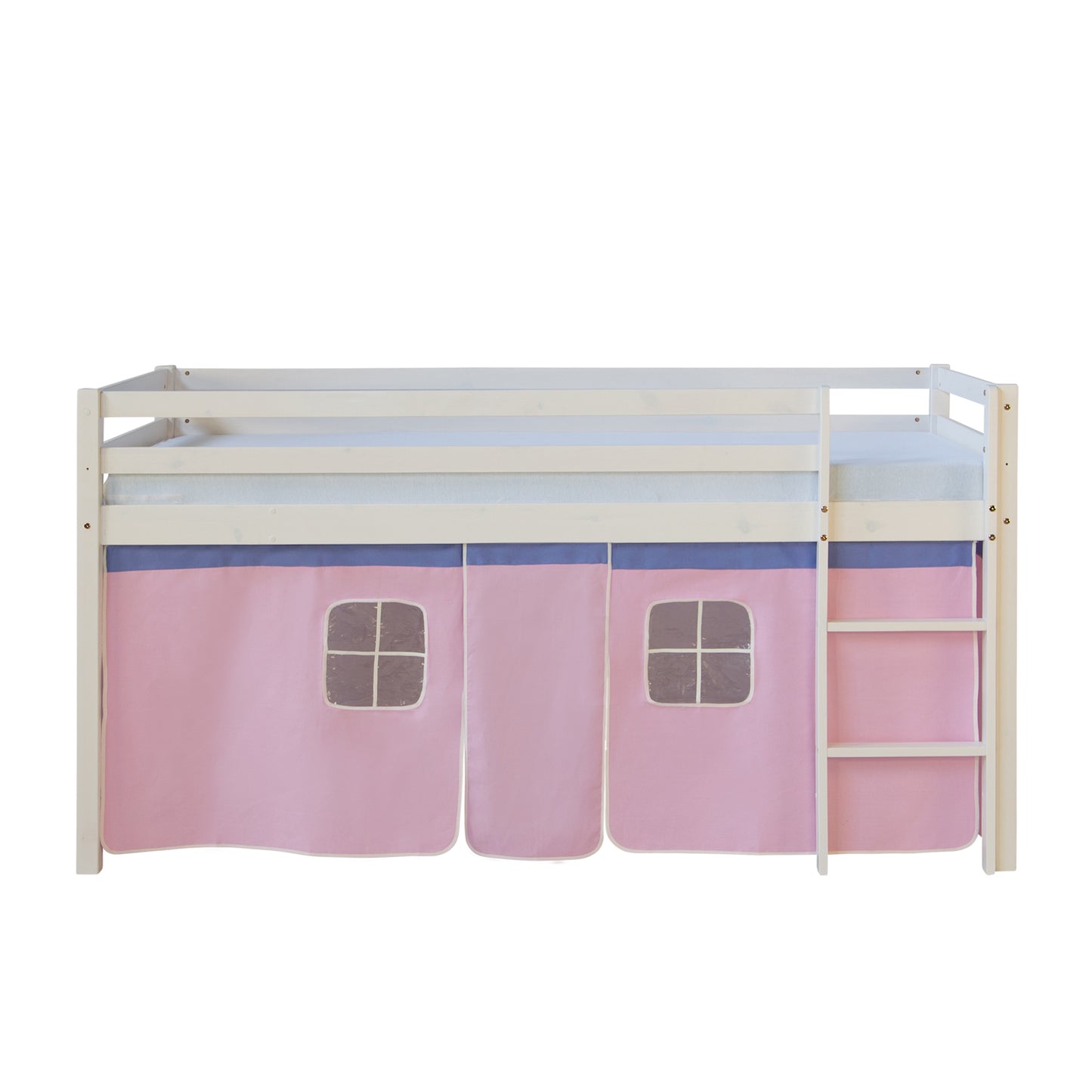 Hochbett Kinder 90x200 cm Weiss mit Vorhang in Rosa | mit Lattenrost | mit Matratze
