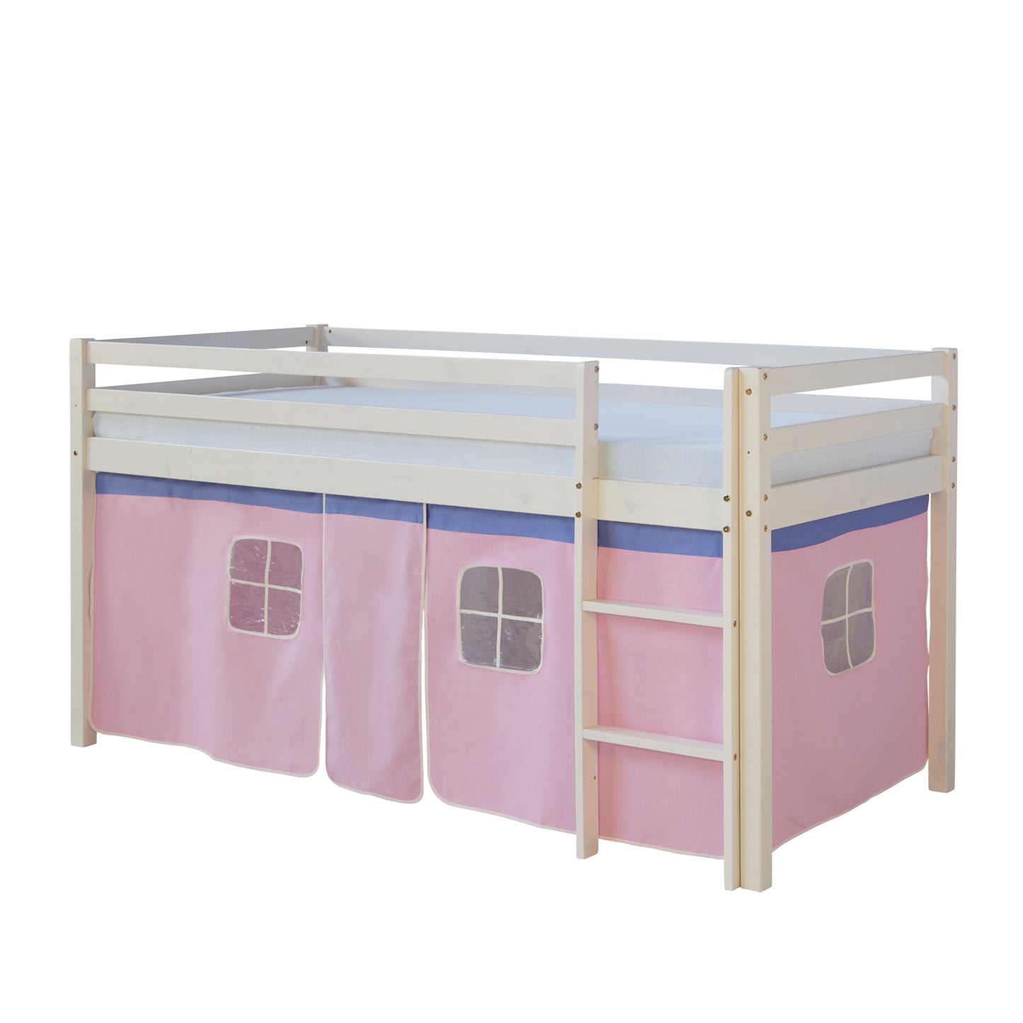 Hochbett Kinder 90x200 cm Weiss mit Vorhang in Rosa | mit Lattenrost | mit Matratze