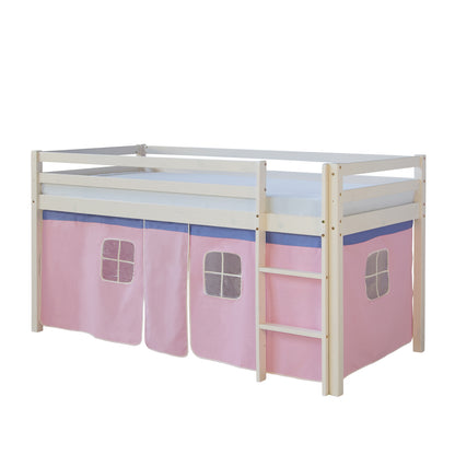 Hochbett Kinder 90x200 cm Weiss mit Vorhang in Rosa | mit Lattenrost | mit Matratze