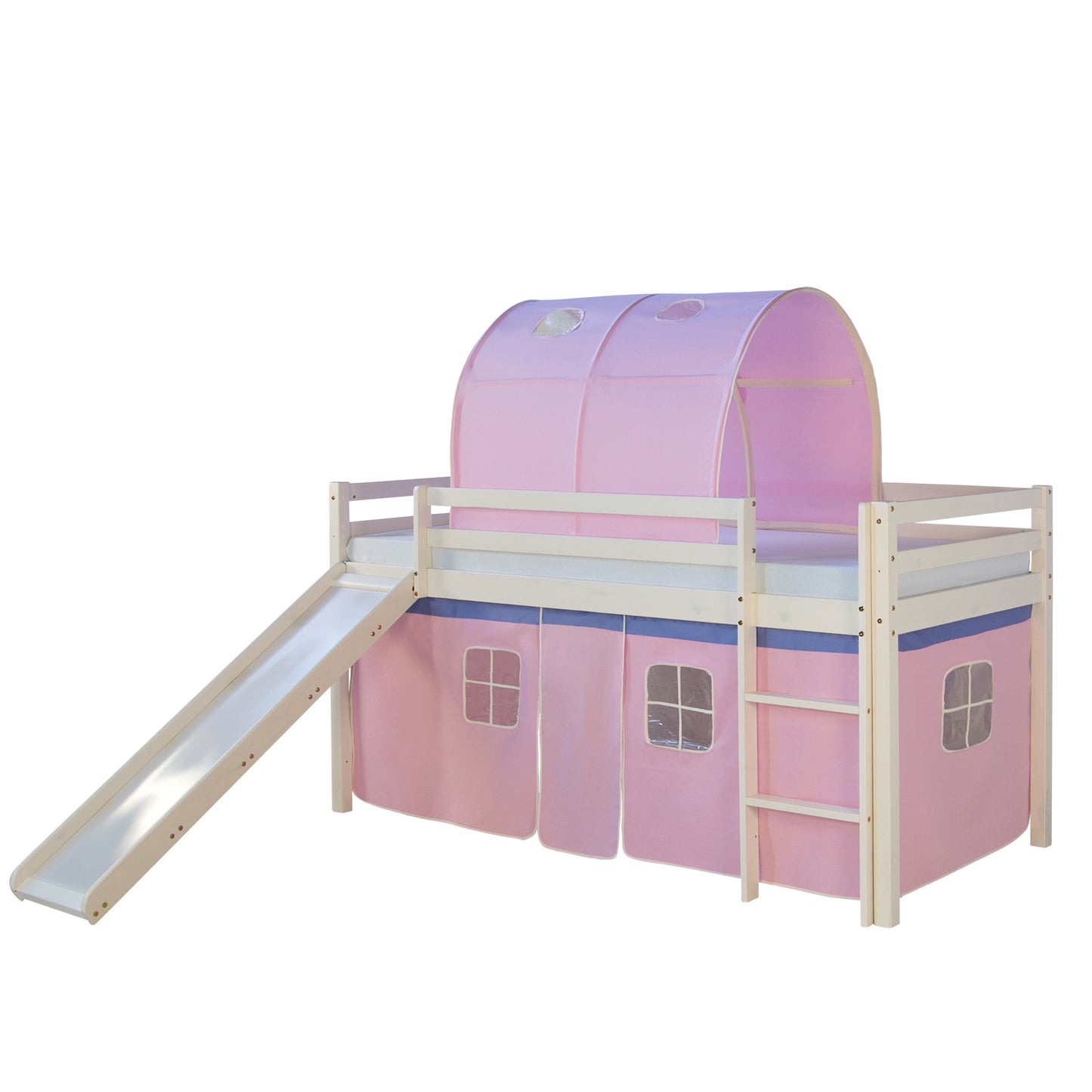 Hochbett Kinder 90x200 cm Weiss mit Vorhang in Rosa | Rutsche | Tunnel | mit Lattenrost | mit Matratze
