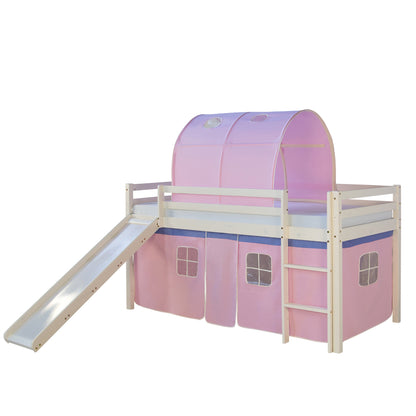 Hochbett Kinder 90x200 cm Weiss mit Vorhang in Rosa | Rutsche | Tunnel | mit Lattenrost | mit Matratze