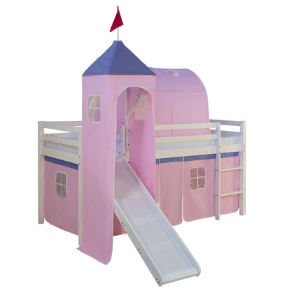 Hochbett Kinder 90x200 cm Weiss mit Vorhang in Rosa Rutsche Turm Tunnel mit Lattenrost mit Matratze