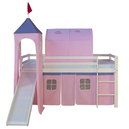 Hochbett Kinder 90x200 cm Weiss mit Vorhang in Rosa Rutsche Turm Tunnel mit Lattenrost mit Matratze