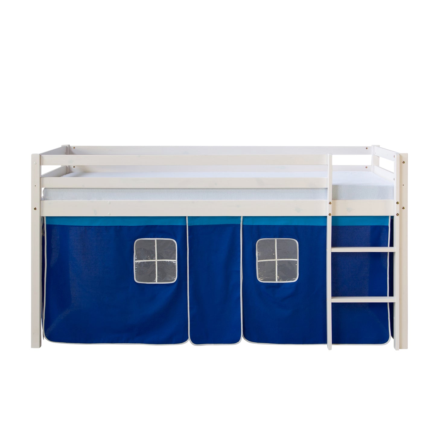Hochbett Kinder 90x200 cm Weiss mit Vorhang in Blau | mit Lattenrost