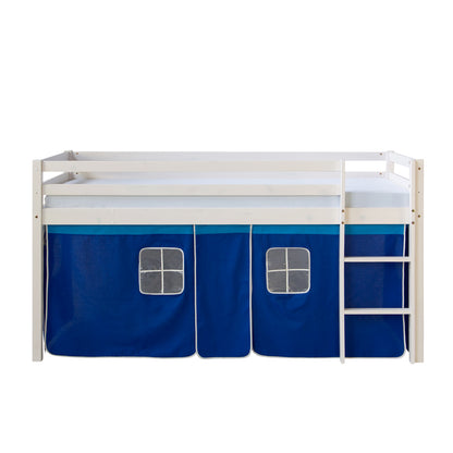 Hochbett Kinder 90x200 cm Weiss mit Vorhang in Blau | mit Lattenrost