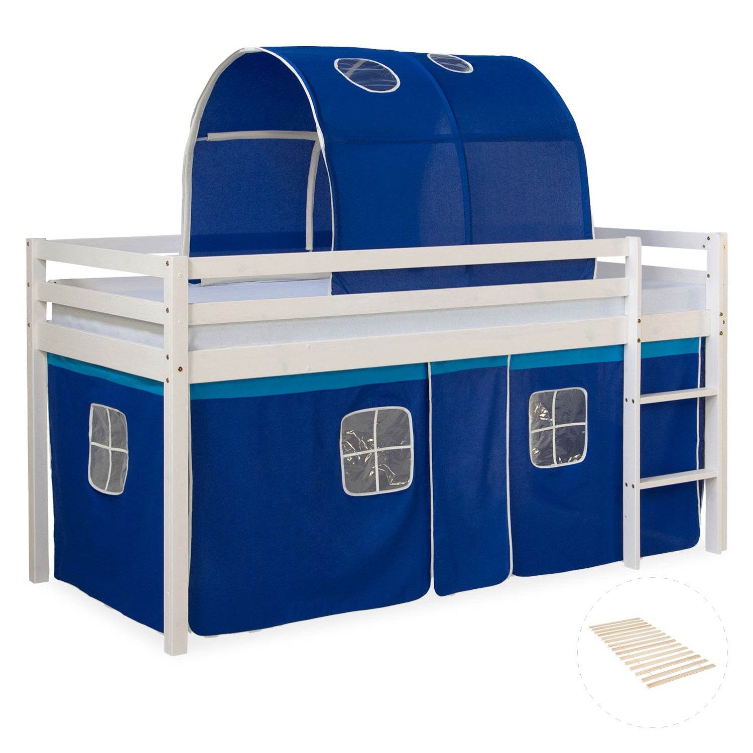 Hochbett mit Lattenrost 90x200 Kinderbett Tunnel Vorhang blau Kiefer Weiss - Palo24