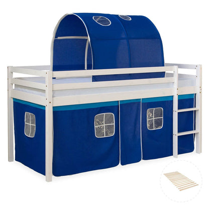 Hochbett mit Lattenrost 90x200 Kinderbett Tunnel Vorhang blau Kiefer Weiss - Palo24